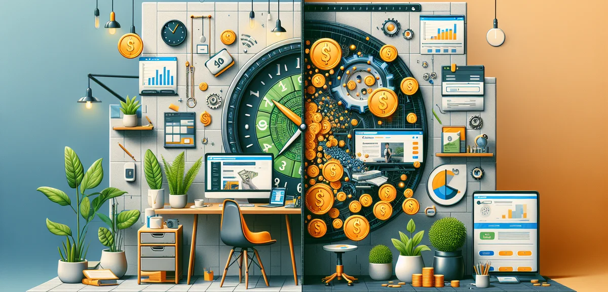 A comparison illustration of freelance work (time-based) vs passive income (automated blog), split s