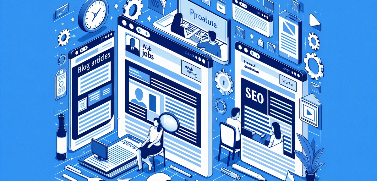 An illustration showing different types of web writing jobs - blog articles, product descriptions, S