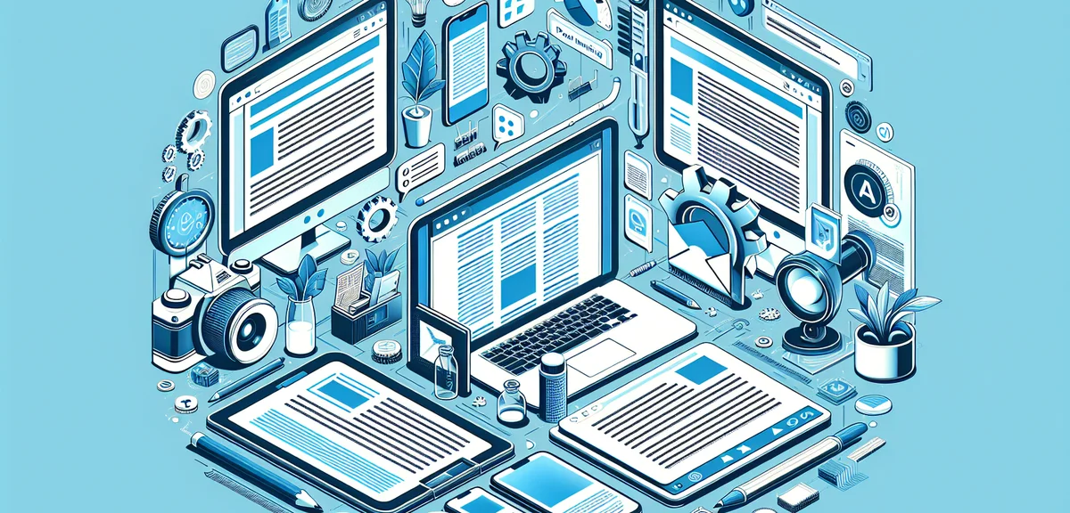 An illustration showing different types of web writing jobs - blog articles, product descriptions, S