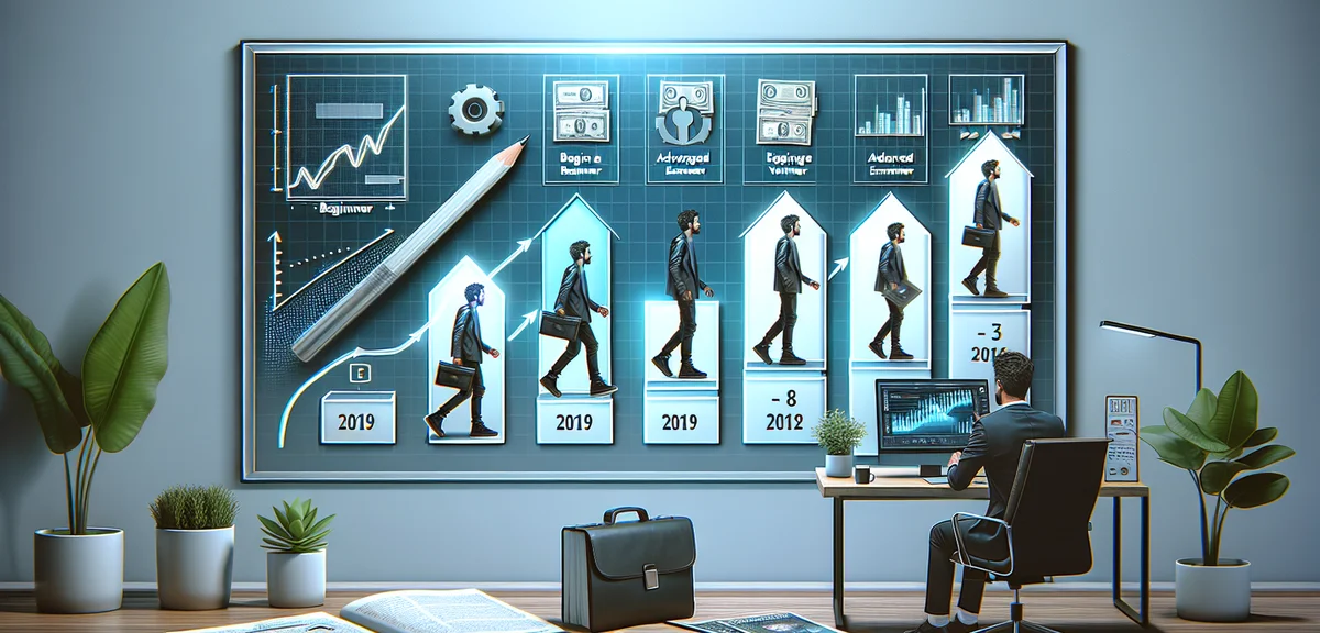 An illustration of a person progressing through skill levels as a web writer, from beginner to advan