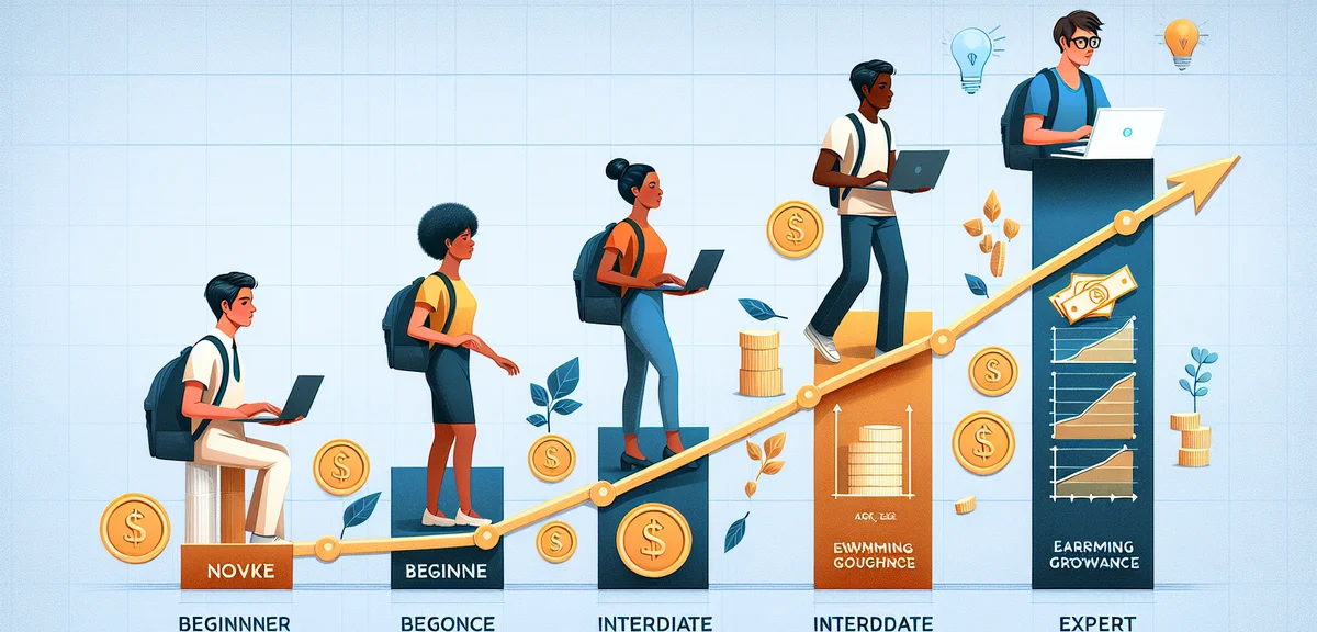 An illustration of a person progressing through skill levels as a web writer, from beginner to advan