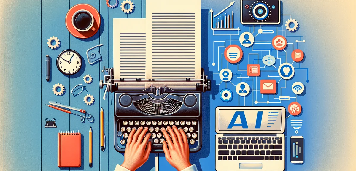 A comparison illustration of manual writing work (person typing with clock) vs AI-automated blog inc