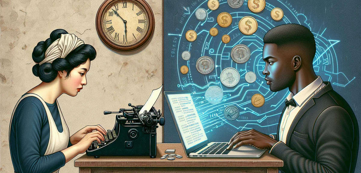 A comparison illustration of manual writing work (person typing with clock) vs AI-automated blog inc