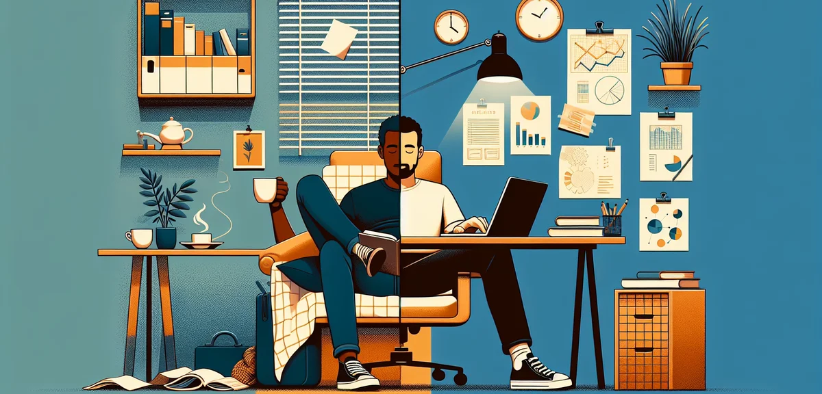 A person managing time between weekend relaxation and side job work, split illustration with leisure