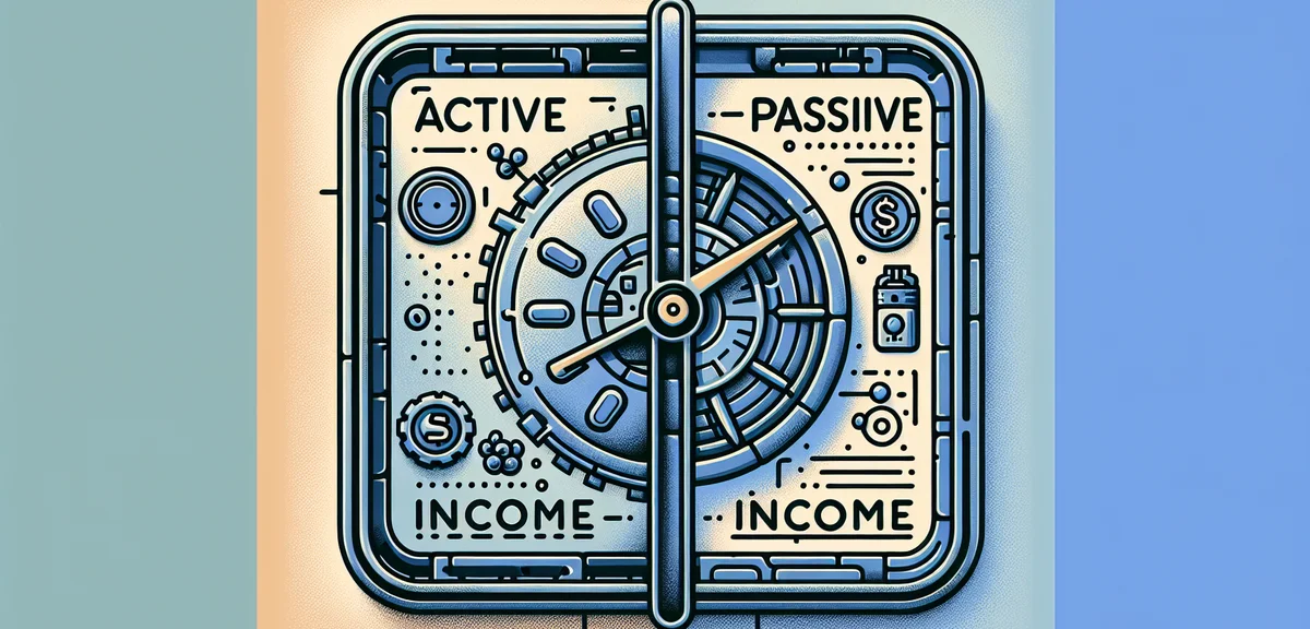 A comparison between active income side jobs and passive income side jobs, visual metaphor with cloc