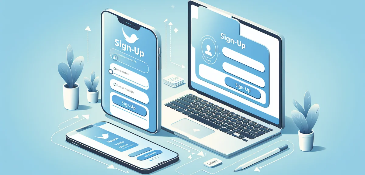 A step-by-step illustration showing a smartphone and laptop with a sign-up screen, arrows pointing t