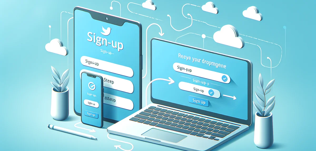 A step-by-step illustration showing a smartphone and laptop with a sign-up screen, arrows pointing t