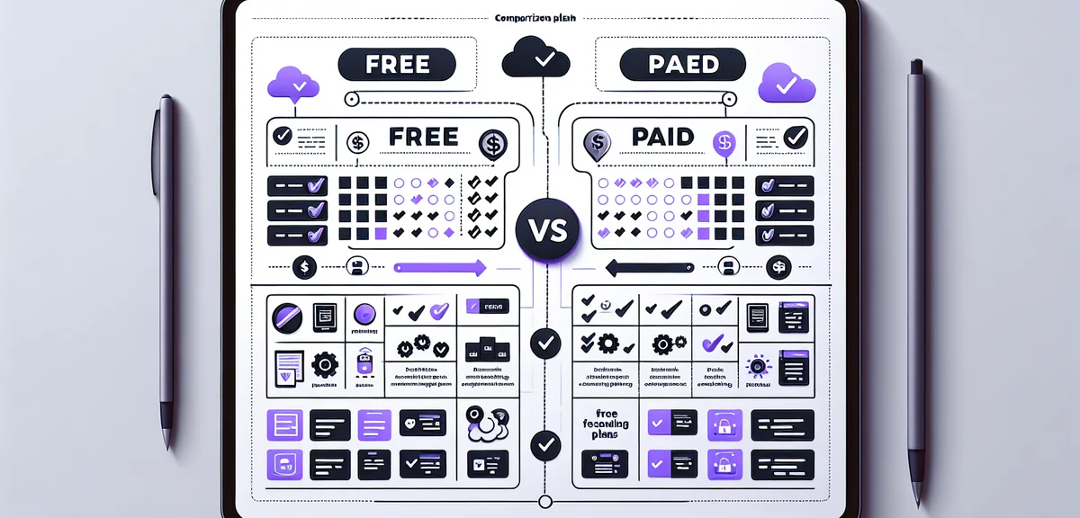 A comparison chart illustration showing free vs paid plans on a digital tablet, with checkmarks and 