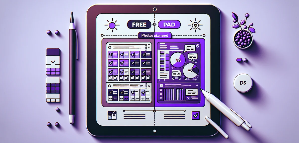 A comparison chart illustration showing free vs paid plans on a digital tablet, with checkmarks and 