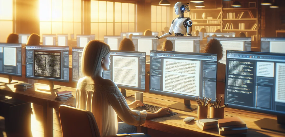 An illustration of a person using AI tools for blogging and side business, showing multiple screens 