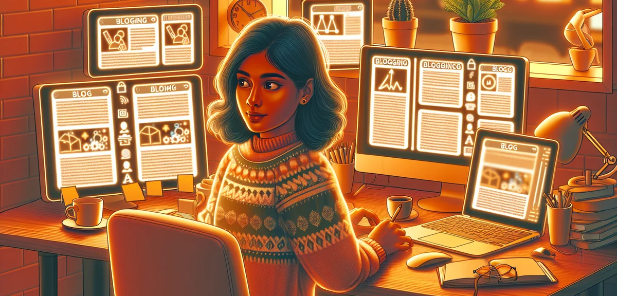 An illustration of a person using AI tools for blogging and side business, showing multiple screens 