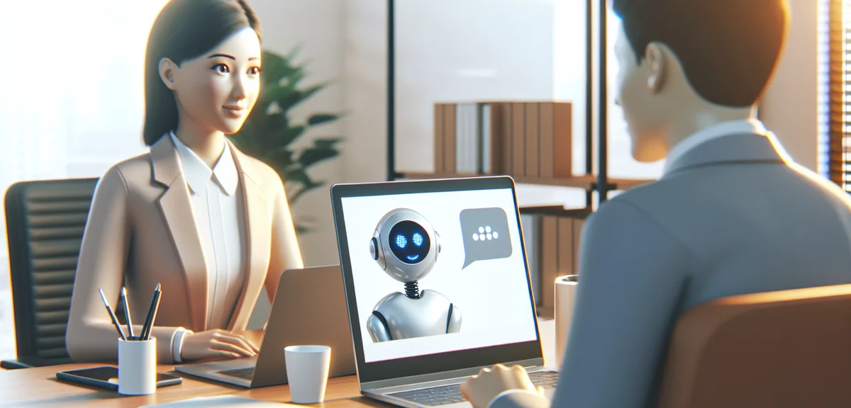Person talking to AI assistant on laptop screen, friendly robot face on monitor, warm office setting