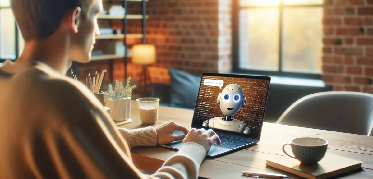 Person talking to AI assistant on laptop screen, friendly robot face on monitor, warm office setting