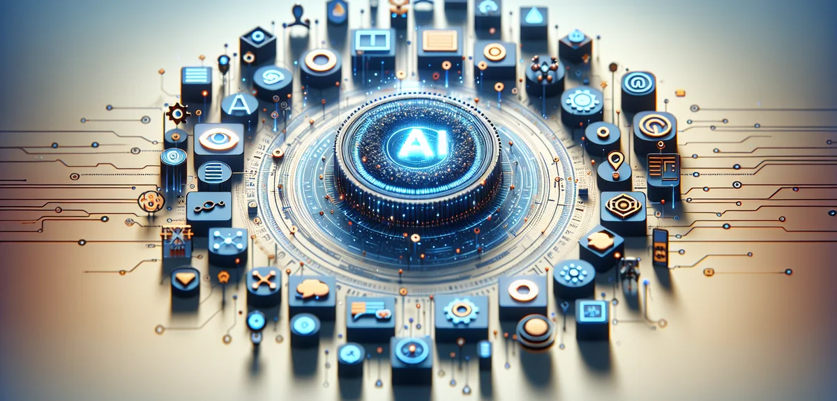 Various AI applications concept, text generation, image creation, code writing icons floating around