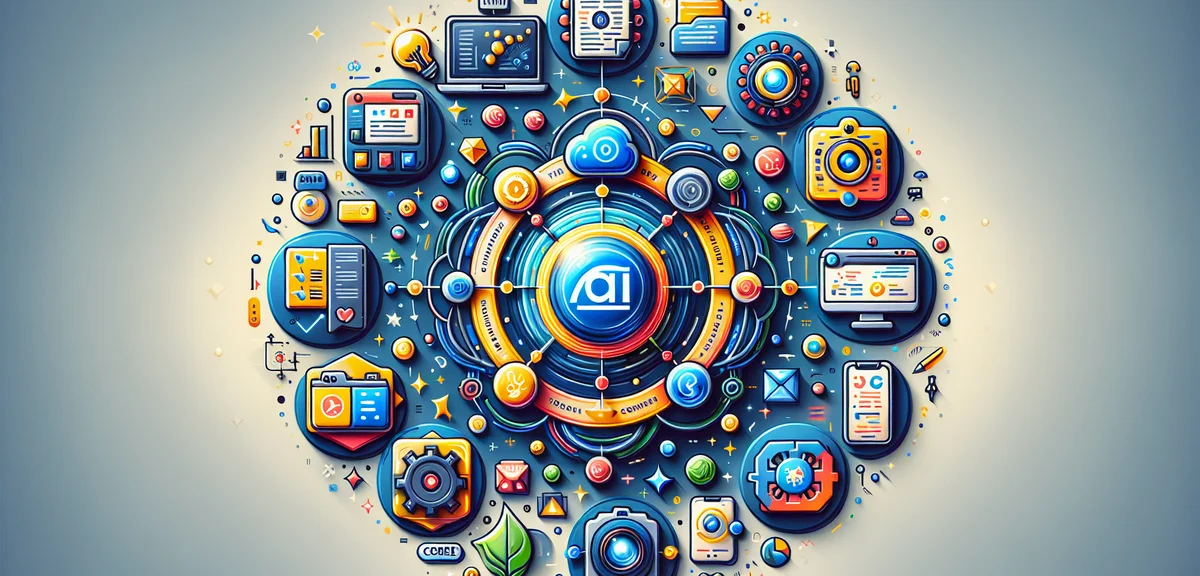 Various AI applications concept, text generation, image creation, code writing icons floating around