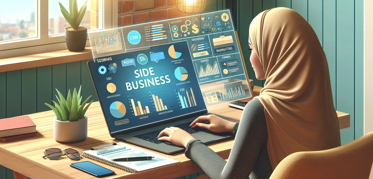 Person using AI tools for side business, laptop showing charts and content, working from home, succe