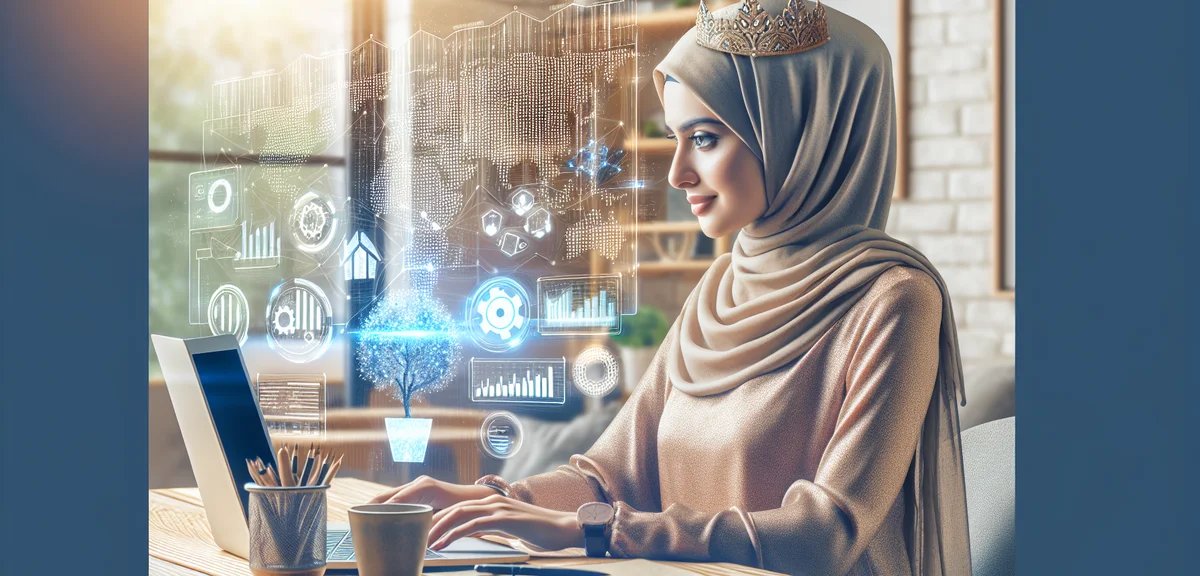 Person using AI tools for side business, laptop showing charts and content, working from home, succe