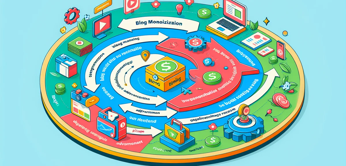 Blog monetization flowchart, visitor clicking ad leading to revenue, simple infographic style, brigh