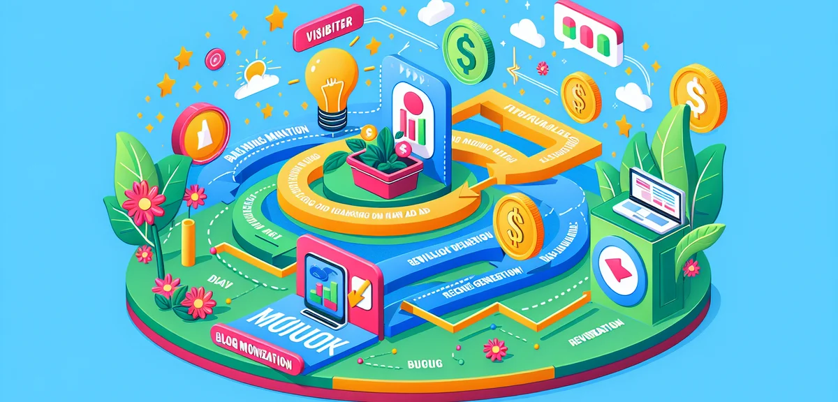 Blog monetization flowchart, visitor clicking ad leading to revenue, simple infographic style, brigh