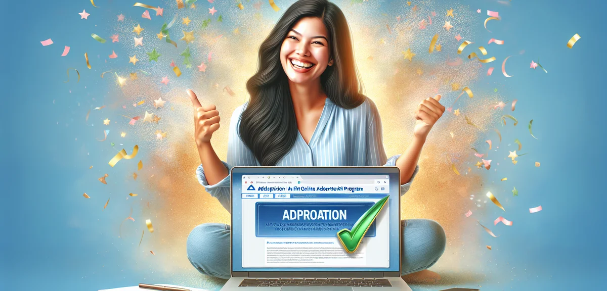 Person celebrating AdSense approval on laptop screen, success and achievement concept, confetti, hap