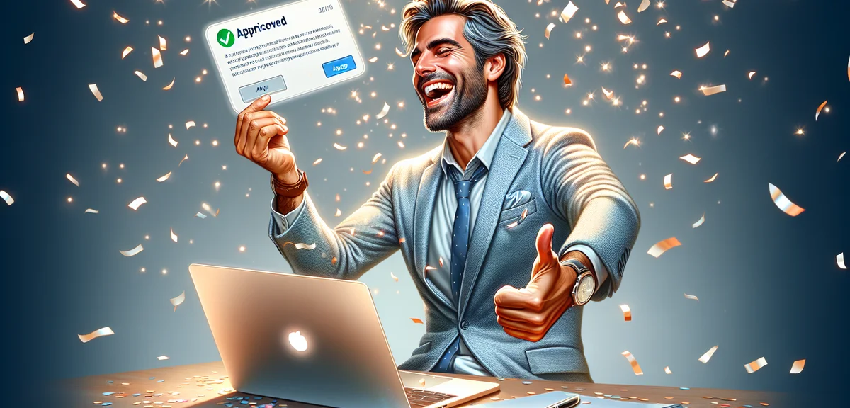 Person celebrating AdSense approval on laptop screen, success and achievement concept, confetti, hap