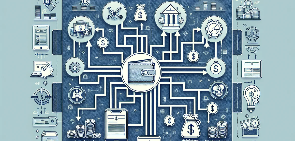 Multiple income streams diagram, various sources connecting to central wallet, investment and digita