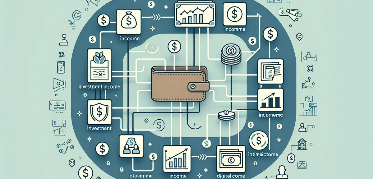 Multiple income streams diagram, various sources connecting to central wallet, investment and digita