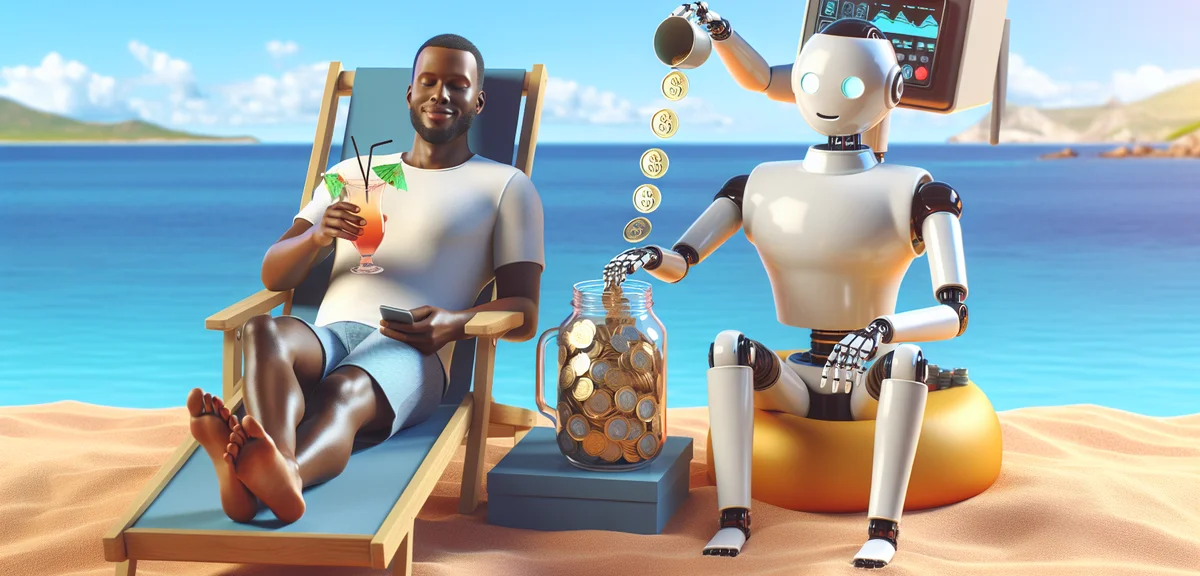Person relaxing while money works for them, beach or comfortable home setting, automated income conc