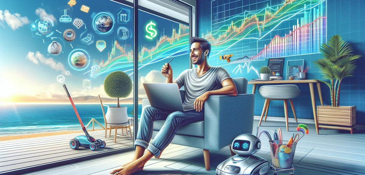 Person relaxing while money works for them, beach or comfortable home setting, automated income conc