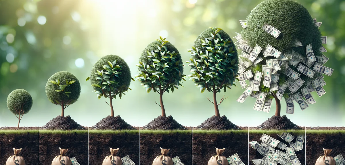 Step by step growth chart, seedling to money tree progression, investment growth concept, motivation