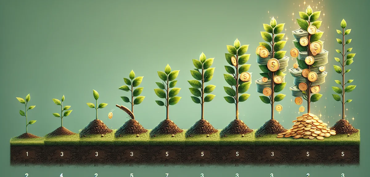 Step by step growth chart, seedling to money tree progression, investment growth concept, motivation