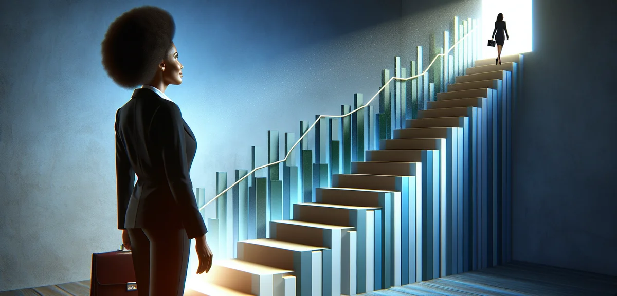 Step by step guide illustration, person climbing stairs toward goal, progress concept, motivational 