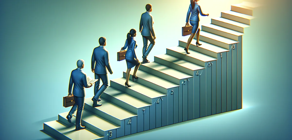 Step by step guide illustration, person climbing stairs toward goal, progress concept, motivational 