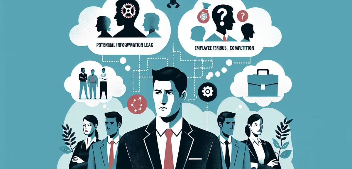 An illustration of various concerns a company has about employee side jobs - information leak, fatig