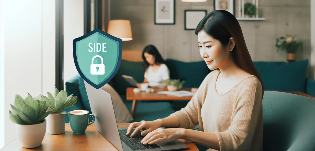 An illustration showing a person working on a laptop at home with a shield icon representing safe si