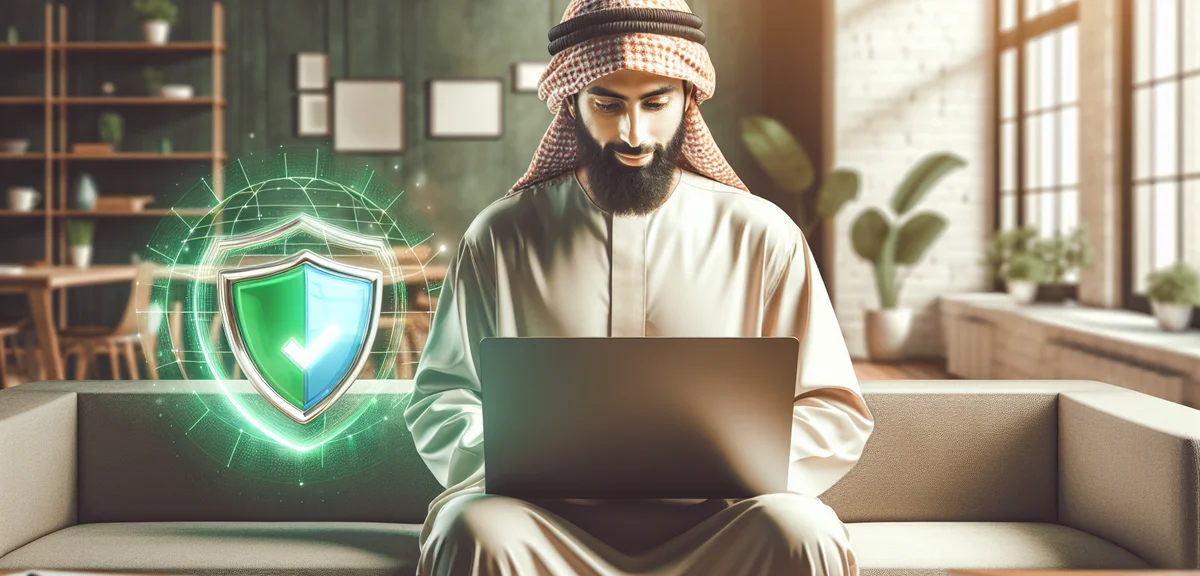 An illustration showing a person working on a laptop at home with a shield icon representing safe si