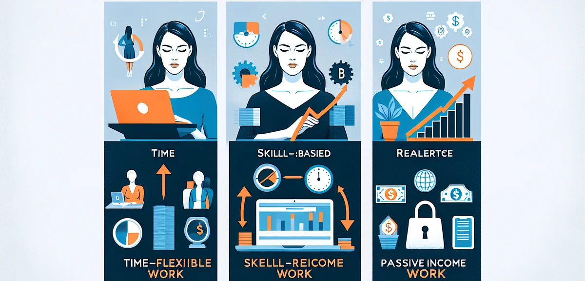 Three categories of side jobs illustrated as colorful panels: time-flexible work, skill-based work, 