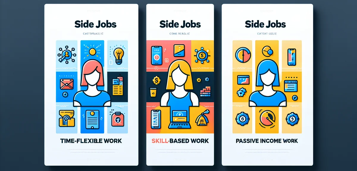 Three categories of side jobs illustrated as colorful panels: time-flexible work, skill-based work,