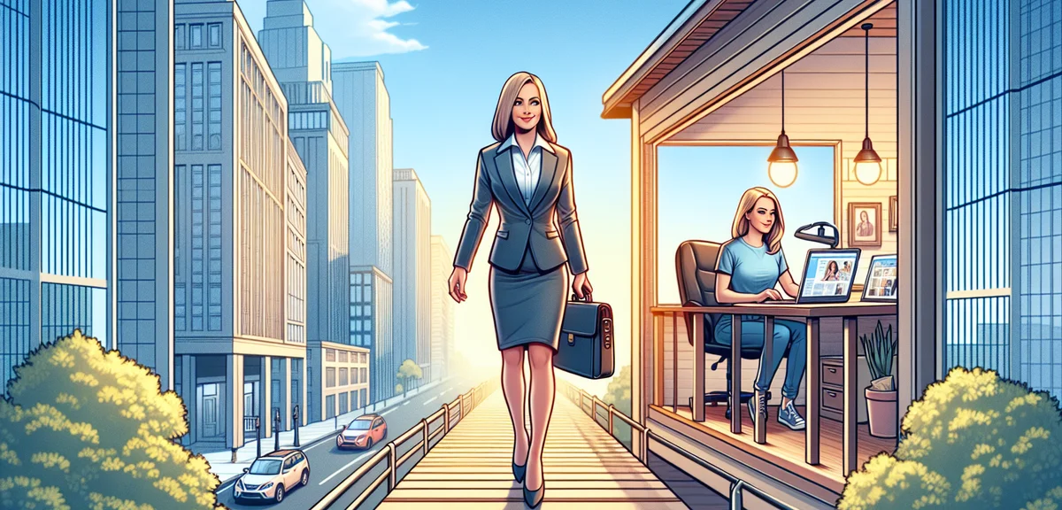 A woman balancing career and side job, office building on one side and home office on other, connect