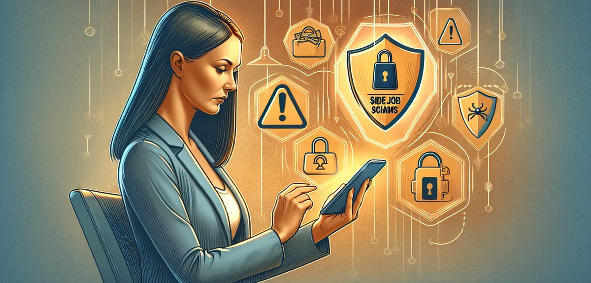 Warning signs about side job scams with a shield protection icon, a woman checking her phone careful