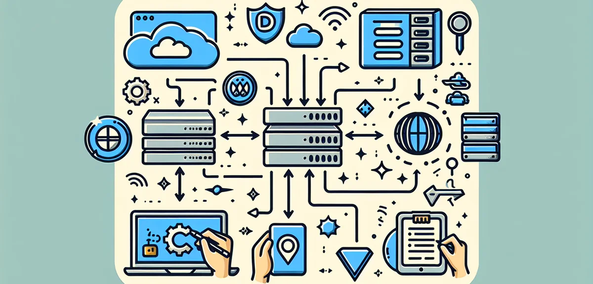 A step-by-step visual guide illustration showing server setup process, with icons of server, domain,