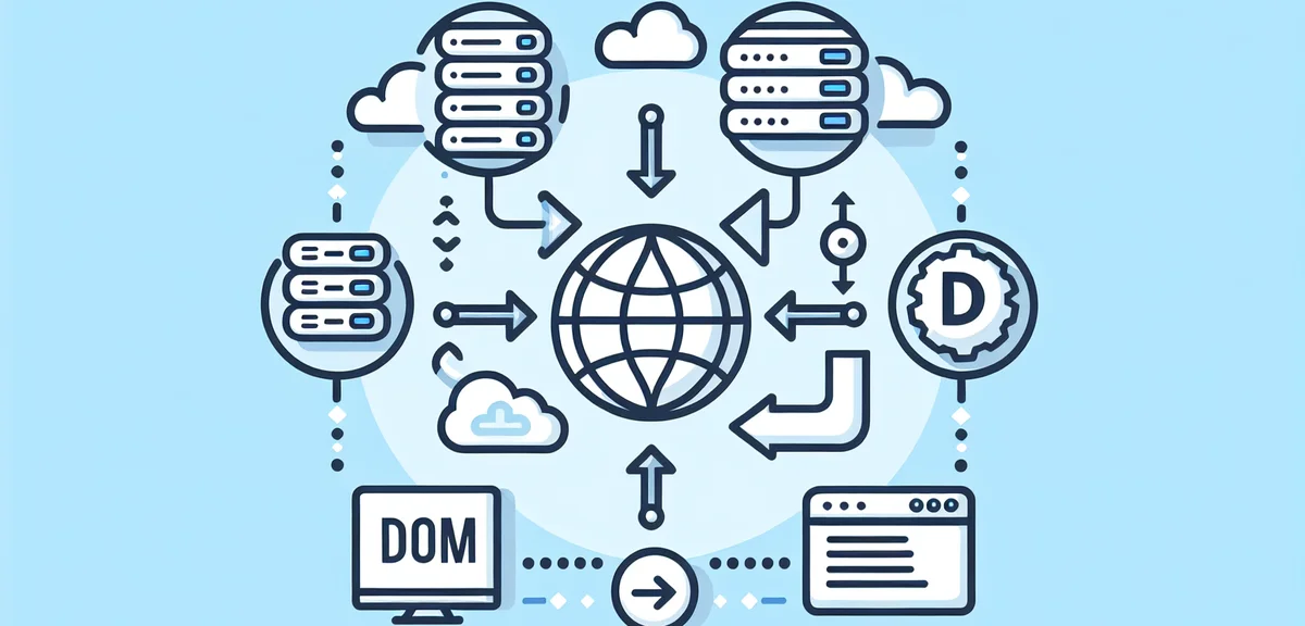 A step-by-step visual guide illustration showing server setup process, with icons of server, domain,