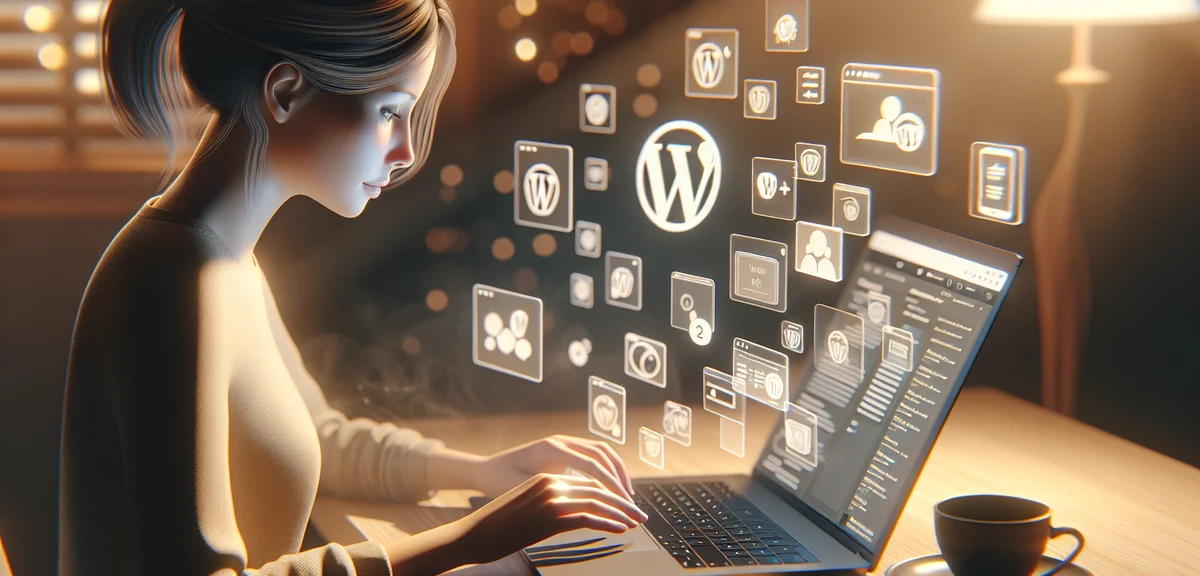 A person configuring WordPress settings on a laptop screen, surrounded by floating icons of themes a