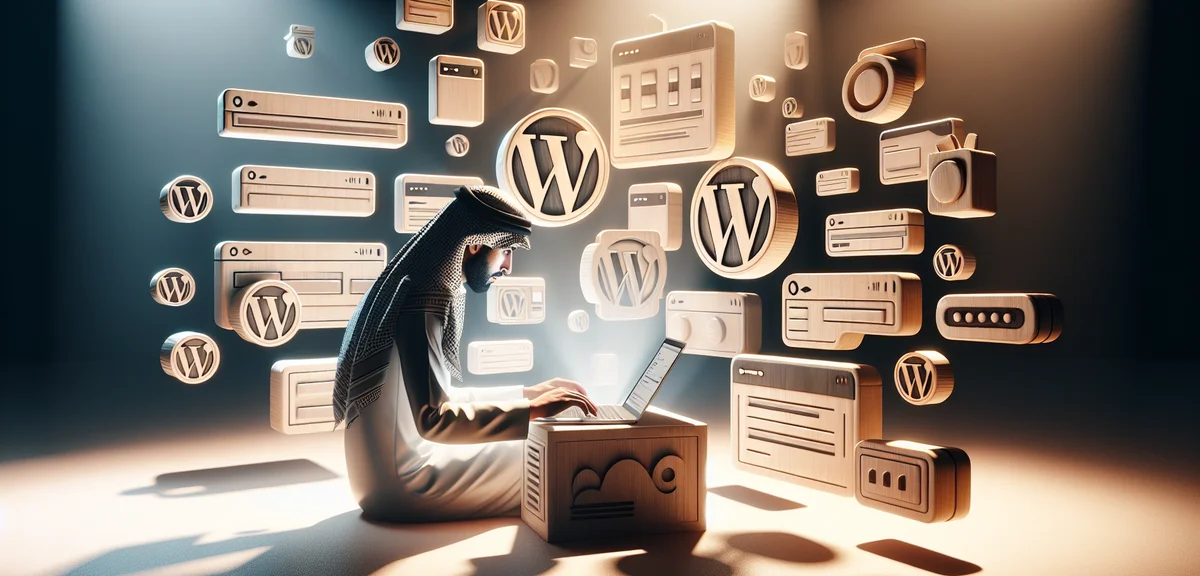A person configuring WordPress settings on a laptop screen, surrounded by floating icons of themes a