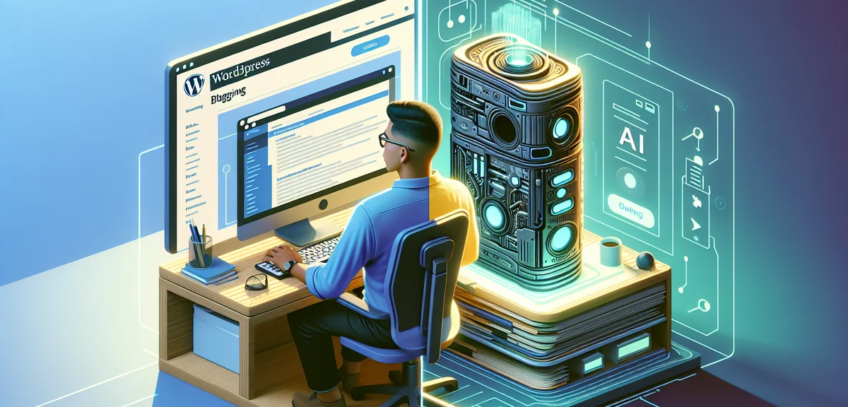 A split-screen illustration comparing manual WordPress blogging and AI-powered automated blogging, m