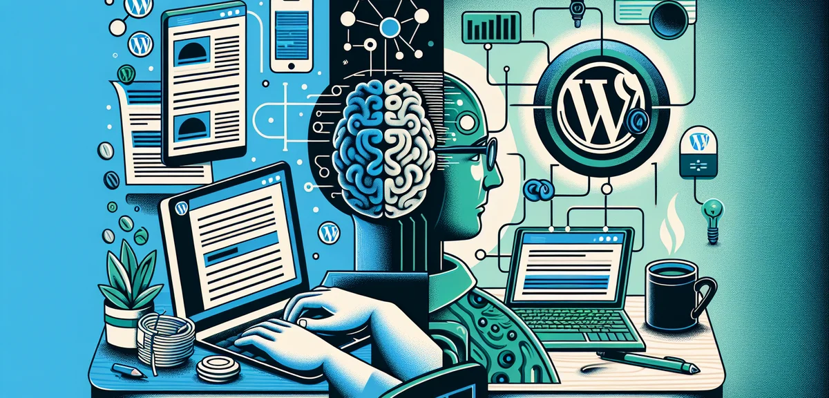 A split-screen illustration comparing manual WordPress blogging and AI-powered automated blogging, m